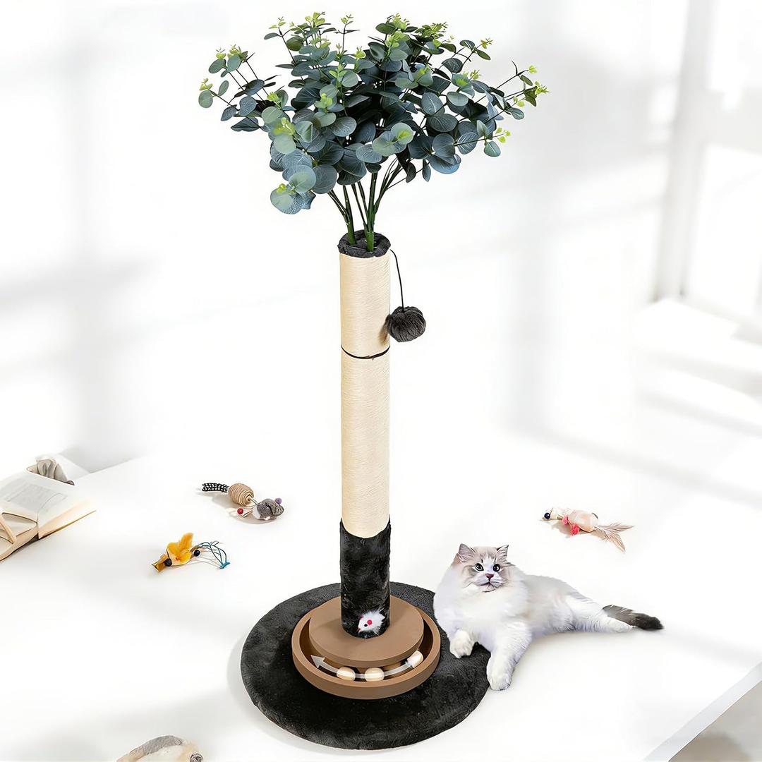 35 Inch Cat Scratching Post, Eucalyptus Sisal Rope Cat Tree Tower with Hanging Ball & Interactive Mouse Toy, Durable Scratcher for Indoor Adult Cats