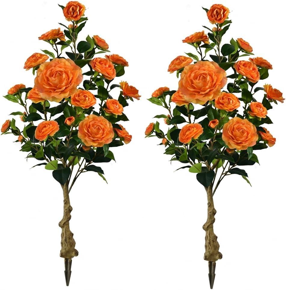 Artificial Camellia Tree with Spike, 36 Tall Faux Artificial Plants Outdoor Flower Tree with Orange Blooming Camellia Flower, Fake Flower Tree for Home, Garden Decor(Orange)