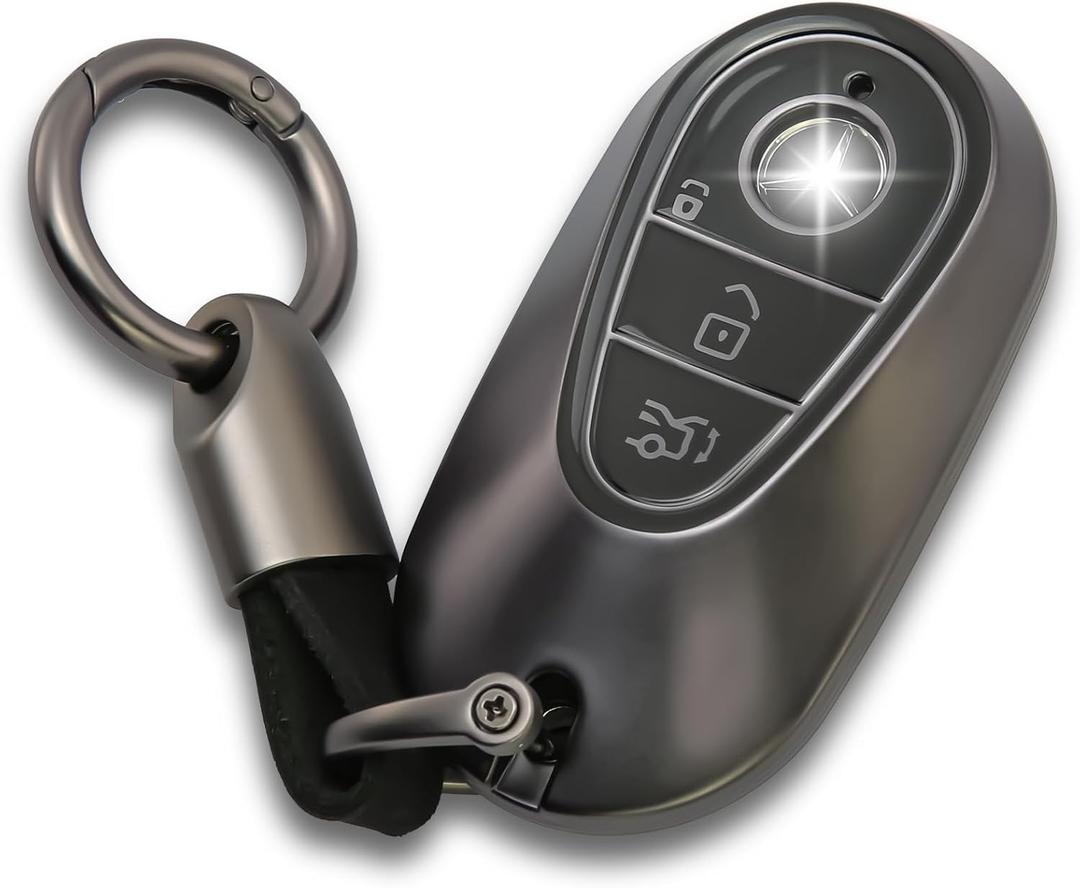 WNILIAN for Mercedes Benz Key fob Cover with Metal Keychain Case Key Shell Protector Compatible with 2021-2025 E/C/S-Class EQE/EQS/GLC/Maybach 300/350/400/450/500/560/600/680/63/53 Accessorie