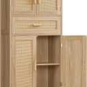 TEENFON 47.2" H Tall Storage Cabinet with Adjustable Shelf, Rattan Cabinet with Large Drawer, Cupboard for Living Room, Dining Room, Entryway, Home Office, Natural