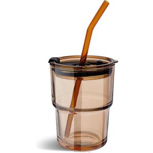 13oz Glass Tumbler with Straw and Lid, Reusable Iced Coffee Cup Tumbler, Cute Glass Cups for Water, Matcha, Travel Coffee Mugs (Amber - 13oz)