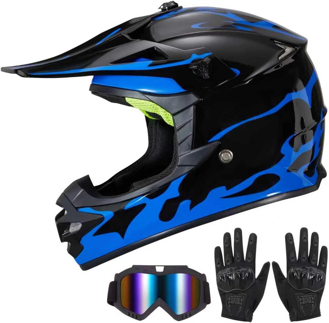 Youth Kids Dirt Bike Helmet for Boys & Girls, F001 Full Face Motorcycle Helmet for Off-Road ATV Street Riding Four Wheeler Mountain Bike with Goggles Gloves, DOT Approved(Glassy Blue Flame, Medium)