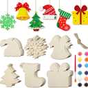 36 Pcs Unfinished Wooden Christmas Ornaments Tree Ornaments, 6 Styles Xmas Crafts for Kids, Unfinished Wood Slice Ornament with 12 Paint, Brush for Christmas Tree Hanging Decorations