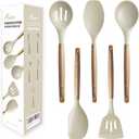 Kitchen Utensils Set, Silicone Cooking Utensils Set,Non-Stick Silicone Spatula Set with Natural Acacia Hard Wood Handle, 5 Piece, Upgraded Thickened Cookware (Beige)