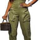 DINGANG Womens Casual Cargo Jumpsuit Short Sleeve V Neck Zip Up Romper Wide Leg Pants Overalls (Small, K3172-green)