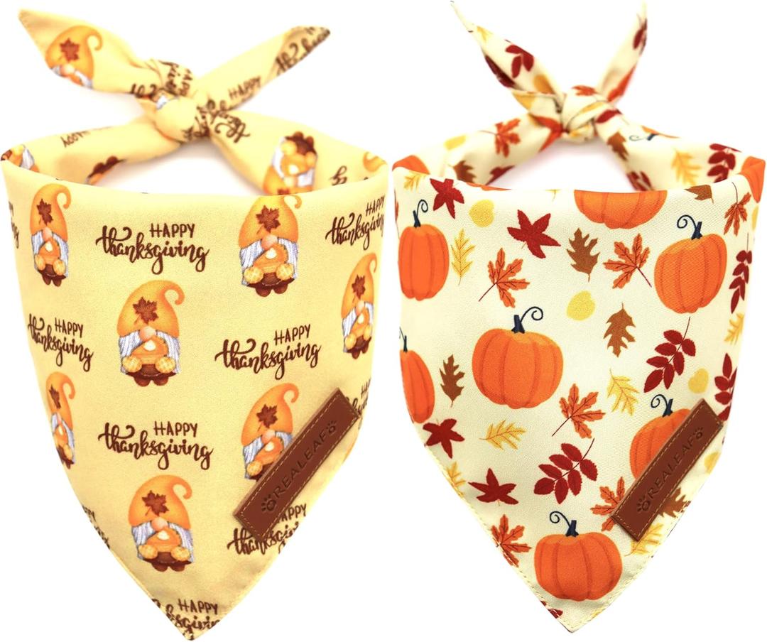 Realeaf Thanksgiving Dog Bandanas 2 Pack, Pumpkins and Happy Thanksgiving Pet Scarf for Boy and Girl, Premium Durable Fabric, Reversible Holiday Bandana for Large and X-Large Dogs Pets (X-Large)