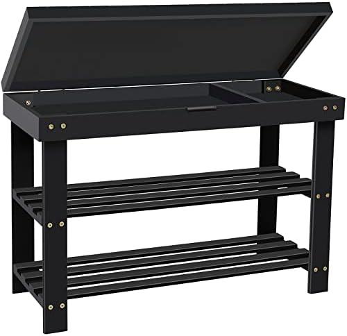 BAMBUROBA Shoe Rack Bench for Entryway, 3-Tier Bamboo Small Bench with Storage Drawer, Shoe Shelf Organizer Indoor Outdoor Use, Black