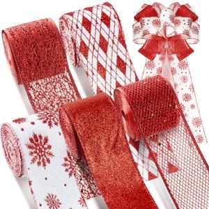 Crowye 5 Roll 50 Yard Red Wired Ribbon 2.5 Inch Christmas Glitter Metal Mesh Sparkle Ribbon Bow Xmas Tree Gift Packaging Ornaments Classification Wreath Decoration Craft Project DIY