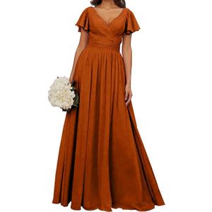 Women's V Neck Bridesmaid Dresses Burnt Orange A Line Evening Party Dress Ruffle Long Chiffon Wedding Guest Dress for Women KY057-8, Orange, Size  6