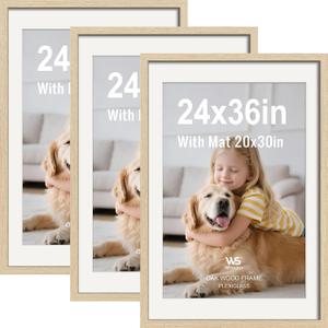 24x36 Poster Frame 3 Pack, Oak Wood with Plexiglass, 20x30 Mat