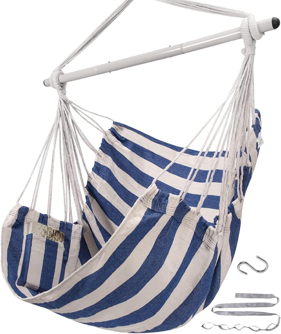 ADVOKAIR Hammock Chair Swing (500 lbs Max) - Hanging Hammock Chair Rope Swing Indoor for Bedroom, Outdoor, Patio, Bedroom, Porch, Deck - Sturdy Steel Bar with Anti-Slip Safety Rings (A Blue and White)