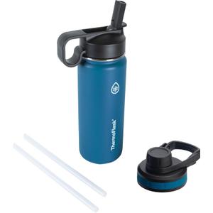 ThermoFlask Bottle with Chug Lid & Straw Lid - Insulated Stainless Steel Water Bottle with Leak-Proof Lids - Dishwasher-Safe Reusable Bottle & Lids - Durable Bottle, 2 Straws & 2 Lids - 18 oz, Cobalt