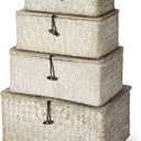 Woanger Set of 4 Wicker Storage Baskets OrganizerHandwoven Storage Bins with Lid for Organizing, Home Utility Box for Home Office Supplies Multipurpose Container(White)