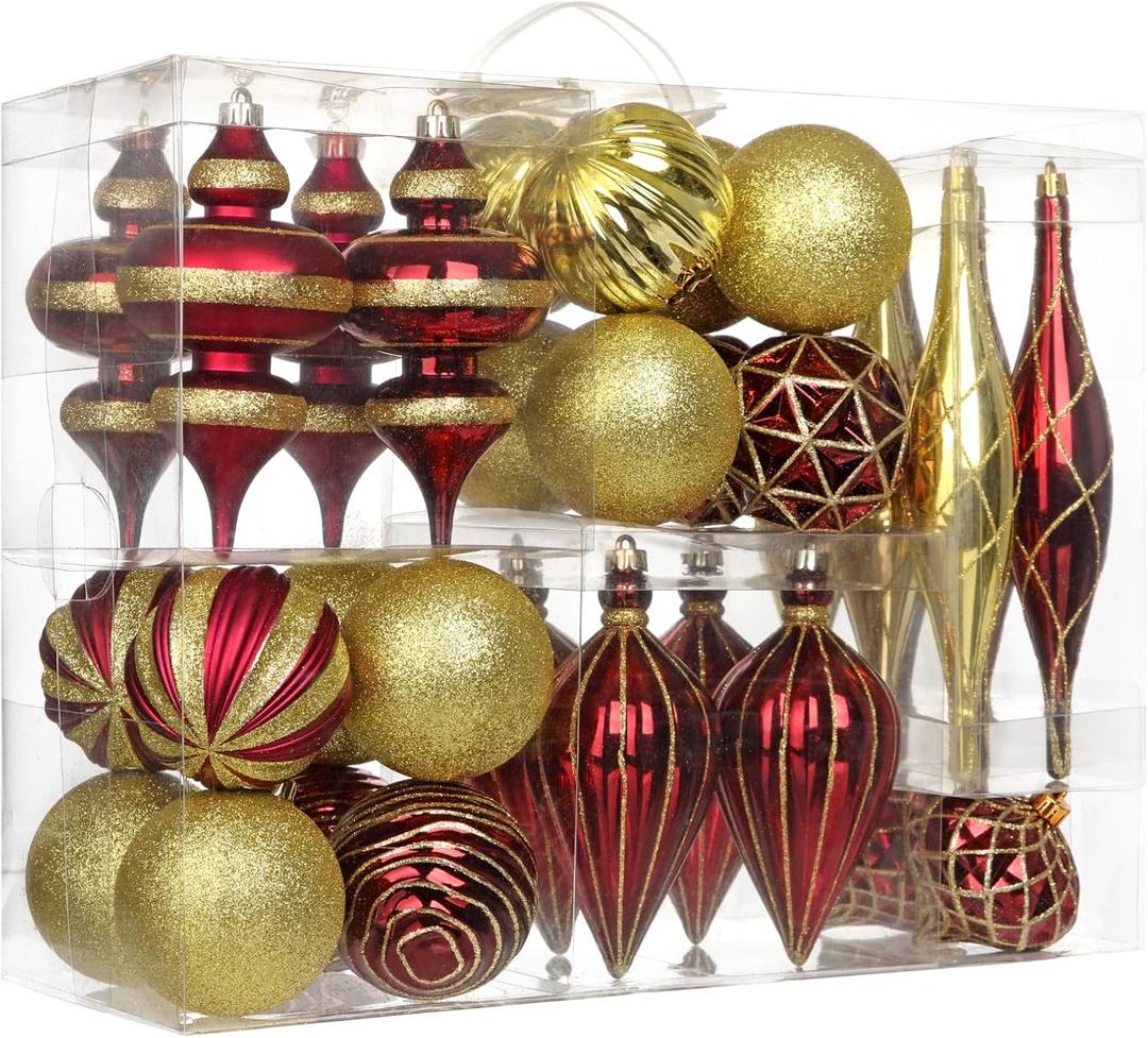 32PCS Christmas Ball Ornaments Set Large Shatterproof Plastic Decorative Baubles with Hand-Help Gift Boxes for Xmas Tree Wedding Party Holiday - Dark Red, Gold