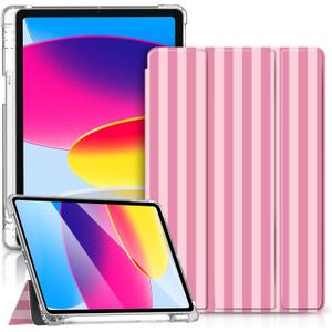 TopPerfekt Case for iPad 11th (A16) 11-inch 2025/10th Generation 10.9-inch 2022, Stripes [Auto Wake/Sleep] with Pencil Holder, Clear Transparent Back Shell Slim Stand Shockproof Tablet Cover- Pink