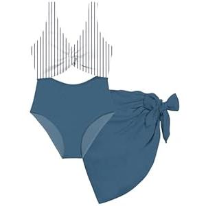 Funnycokid Girls One Piece Swimsuit Size 14-16 Bathing Suit Twist-Knot Blue Stripes Color Block Pad Teen Swimwear with Cover Up Skirt