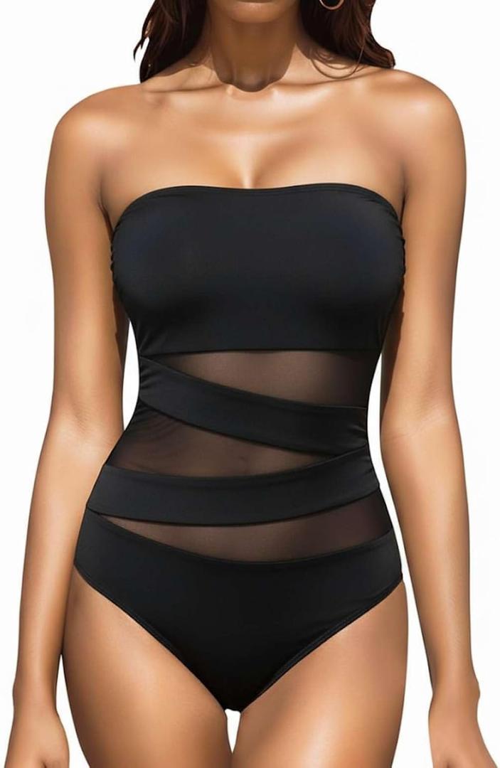 Holipick Women Strapless Bandeau One Piece Swimsuits Sexy Mesh Cutout Bathing Suits Tummy Control Swimwear (Black 1)