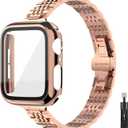 Thin Women Band Compatible with Apple Watch  with Face Cover, Stainless Steel for Metal iwatch Band Series 9 8 7 6 5 4 3 2 1 SE. Size: 45mm