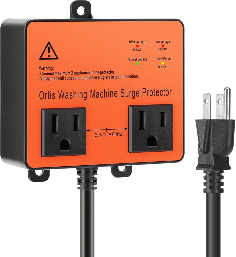 Washing Machine Surge Protector, Ortis Double Outlet Voltage Protector for Home Appliances with Time Delay, Protects Against Brownout, Spike, Instant Surge All Voltage Abnormalities, Orange