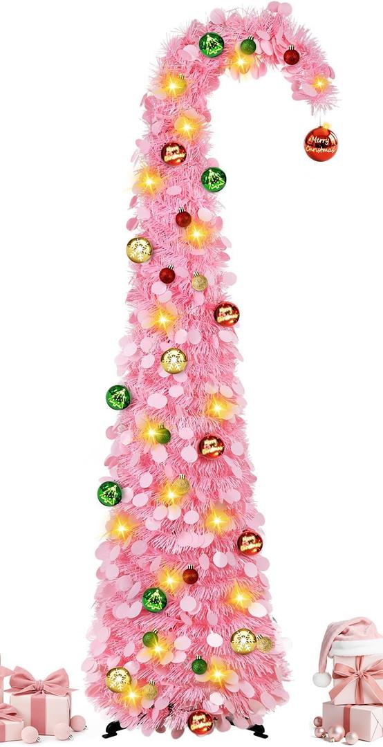 MACTING Whimsical Christmas Tree with Ball String Lights 5FT Pink Pop Up Curved Tree with 15 Ball Lights & Hanging Ornaments Collapsible Tinsel Tree for Apartment Porch Indoor Outdoor Xmas Decor