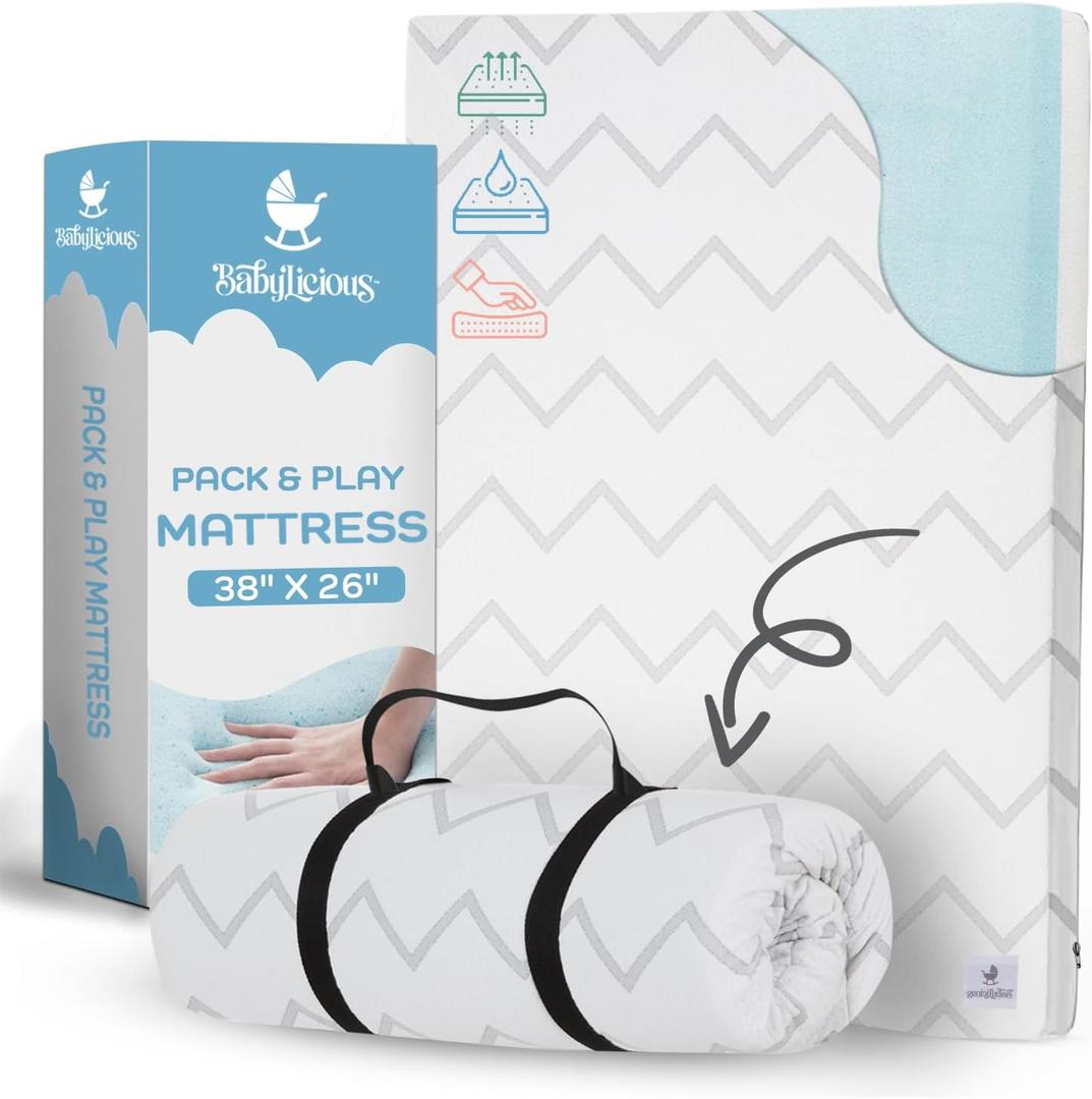 Babylicious Waterproof Pack and Play Mattress Pad - 38" x 26" | Roll Up Style - Breathable Soft Memory Foam - Portable Mattress Topper- Baby Foam Mattresses for Babies - Includes Easy Carry Buckle (Chevron)