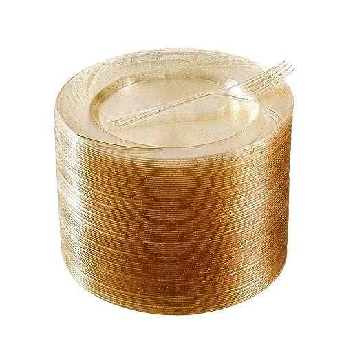 Conflech 120 Pieces Glitter Gold Plates with Plastic Forks, Gold Dessert Plates for 60 Guests, Heavy Duty Gold Plates, 60pcs 6.5" Gold Plastic Plates and 60pcs Plastic Forks Disposable Plates