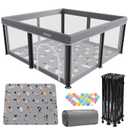 Foldable Baby Playpen with Mat,50"50" Collapsible Playard for Babies and Toddlers,Indoor&Outdoor Kids Safety Play Pen,Portable Travel Playpen with Travel Pack and 30 Ocean Balls (Grey)