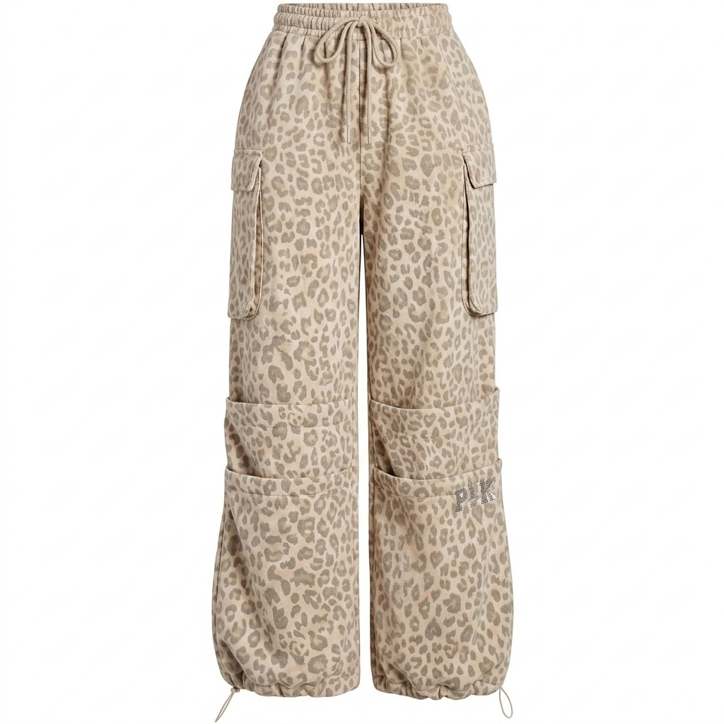 Floerns Women's Leopard Straight Leg Cargo Pants Cheetah Drawstring Ruched Trousers (L)
