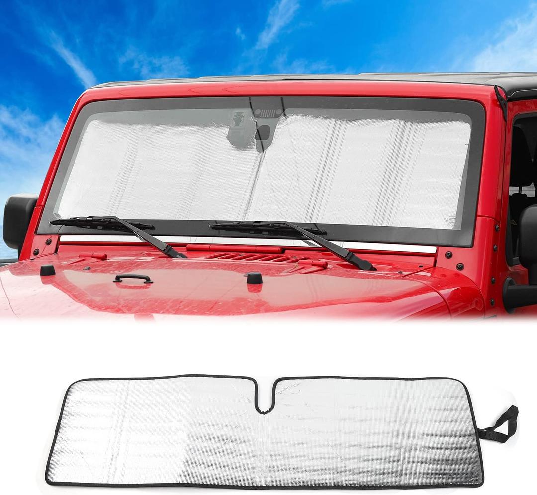 JWWY Windshield Sunshade Window Sun Shade Heat Shield Sun Visor UV Rays and Foldable Sun Shield Blocks for Jeep Wrangler Car Interior Accessories for 1996-2018 TJ JK JKU51.96in*15.35in (Silver)