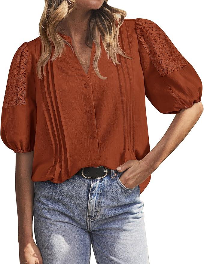BTFBM Women's Lace Puff Sleeve Tops 2025 Summer V Neck Casual Button Down Shirts Loose Dressy Work Business Blouse Top, Medium
