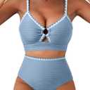 Herseas Women's Textured Bikini Sets O Ring Swimsuits Whip Stitch High Waisted Bathing Suits 2026 Summer Beach Wear (Blue, S)