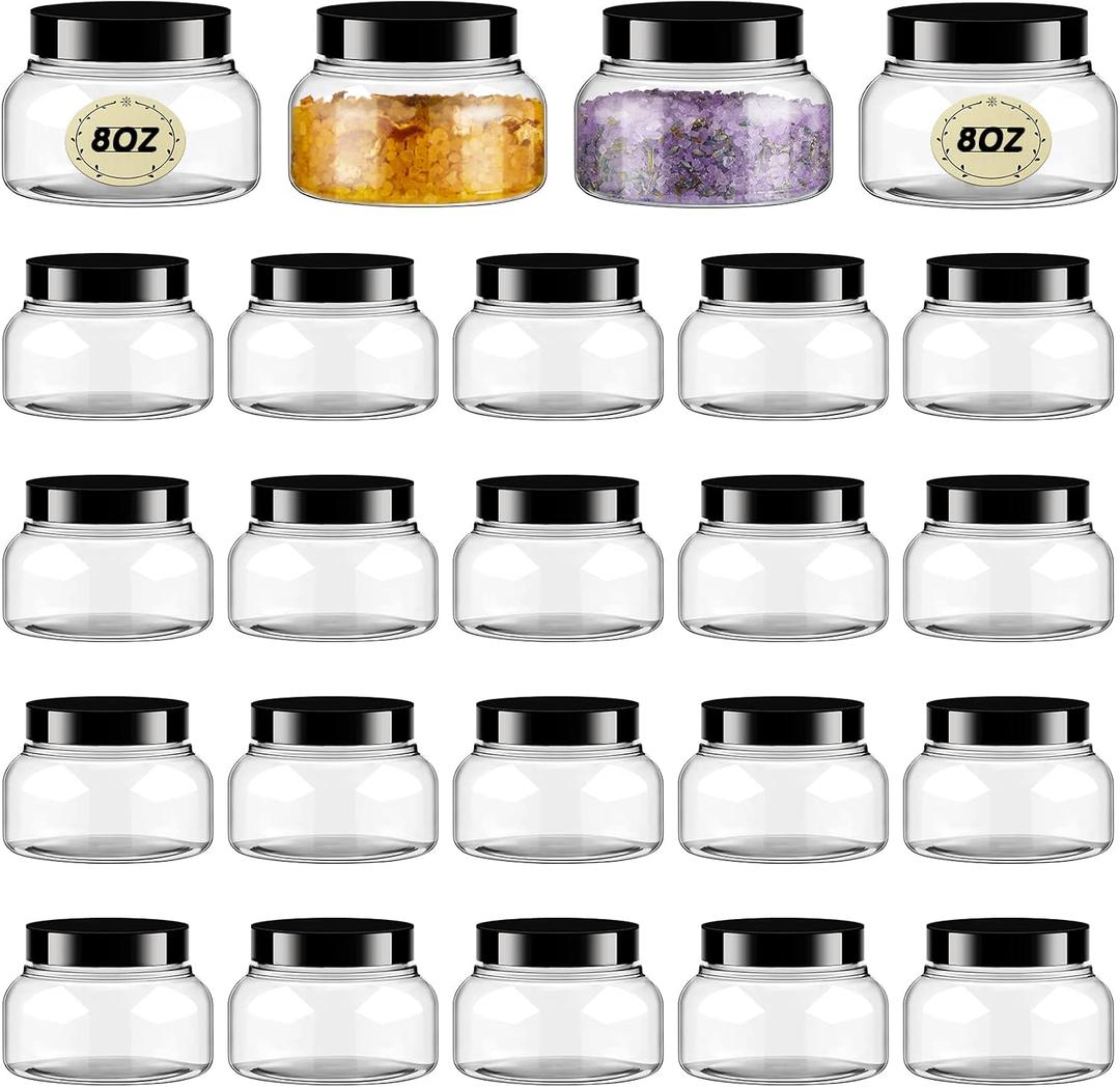 Tessco 24 Pack Plastic Jars with Lids Labels Empty Clear Plastic Jars Round Refillable Cosmetic Containers Body Butter Containers Bulk Sugar Scrub Bottle for Make Up(2 oz,Clear, Black)