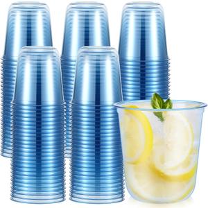 Ziliny 100 Pcs Disposable Stemless Glasses 12oz Crystal Plastic Wine Glasses Clear Classic Pet Cup for Meeting Weddings Birthdays Cocktail Christmas Party Supplies (Light Blue)