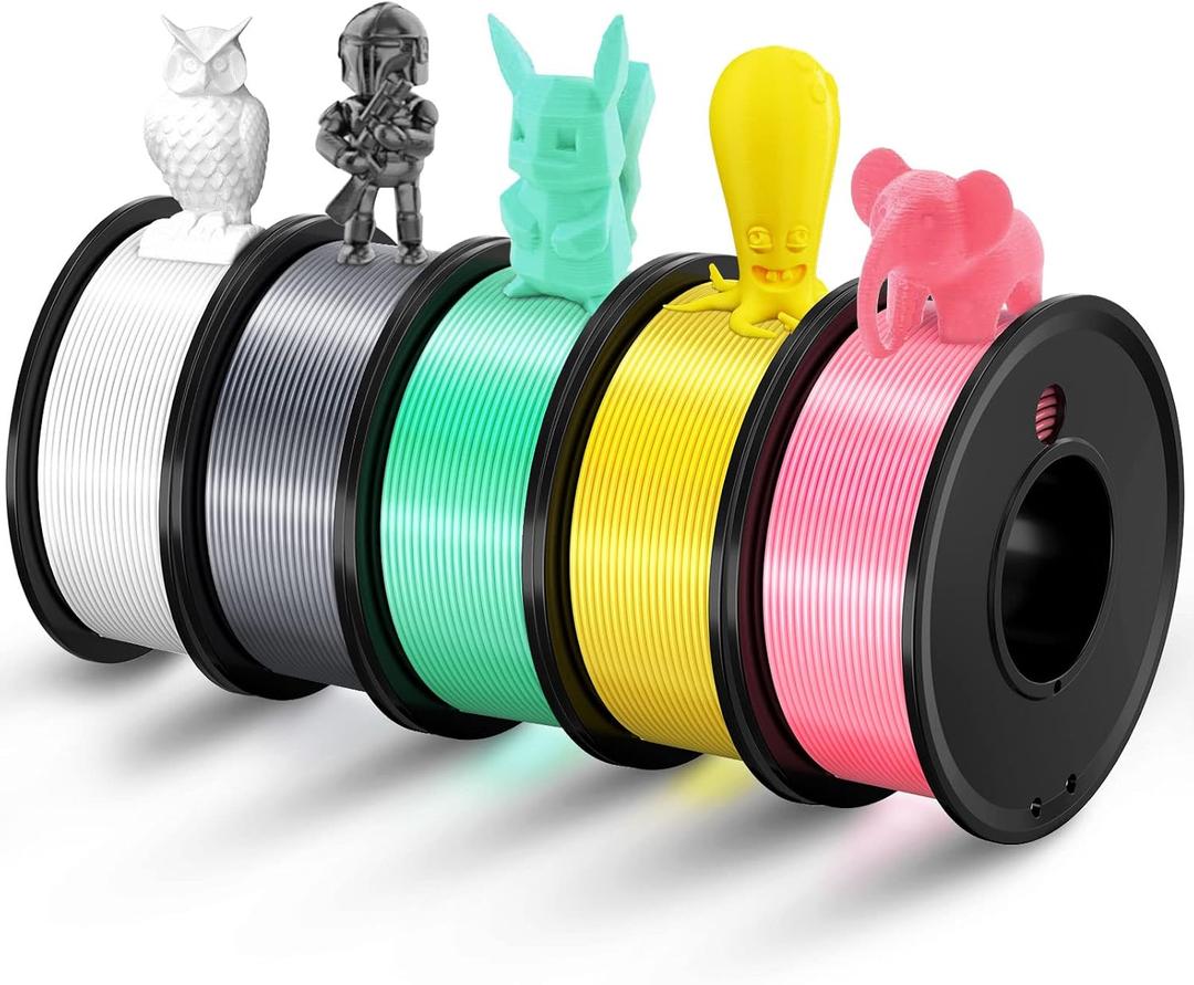 3D Printer Filament PLA 1.75mm 3-D Printing Materials 5 Colors Bundle Print Filimate 1.75 mm White Silver Pink Green Yellow Filiment1.75 Accuracy 0.02mm Fillament Spool Vacuum Pack 250G X 5