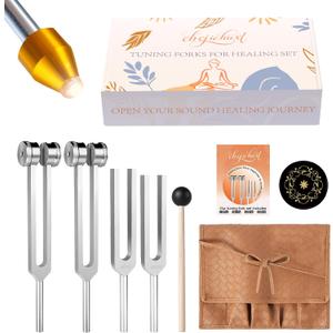 Tuning Forks for Healing(128Hz, 136.1Hz, 432Hz, 528Hz),Medical-Grade Weighted & Unweighted Tuning Forks Set with Vegan Leather Pouch &Activator, for Chakra/Sound Therapy/Yoga/Meditation