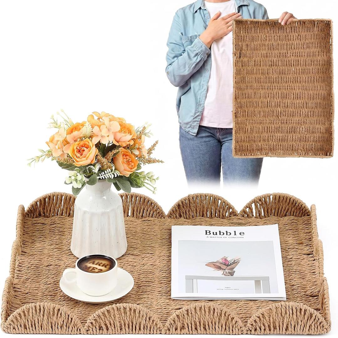 Teenyyou Paper Rope Scalloped Tray 24" L x 18" W x 2.4" H Rectangle Woven Decorative Coffee Table Serving Tray with Handle Ottoman Large Handwoven Basket Home Decor for Kitchen Counter Organizing