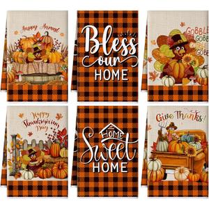 Preboun 6 Pack Thanksgiving Kitchen Towels Autumn Hand Towels Fall Flower Bathroom Dish Cloths Buffalo Plaid Bowknot Sunflower Pumpkin Absorbent 16 x 24 Inch(Turkey,Orange)