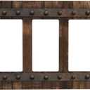 Rustic Brown Wood Barn Door Farmhouse Light Switch Cover Plate Triple Rocker 3 Gang Wall Plate Country Vintage Decorative Electrical Switchplate For Bathroom Home Decor Accessories 6.57" X 4.65"