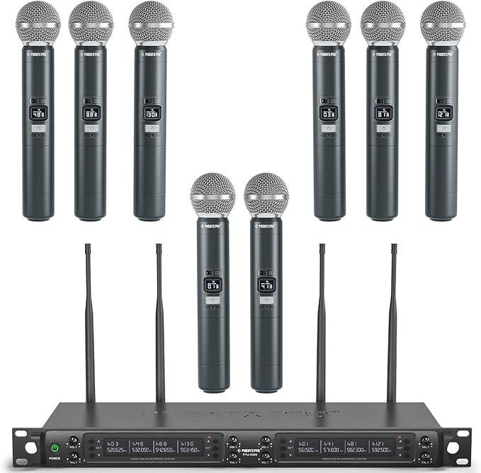 Phenyx Pro Wireless Microphone System, 8-Channel Wireless Mic, w/ 8 Handheld Dynamic Microphones, Auto Scan,8x40 UHF Frequencies, 328ft Range, Mics for Singing,Church, Karaoke(PTU-6000-8H)