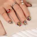 LOVFUL Press on Nails Rainbow Luxe | Handmade with Full Covered Crystals | Reusable Full Cover Nails | Square Short 0.8 in | K21(YH482)-M
