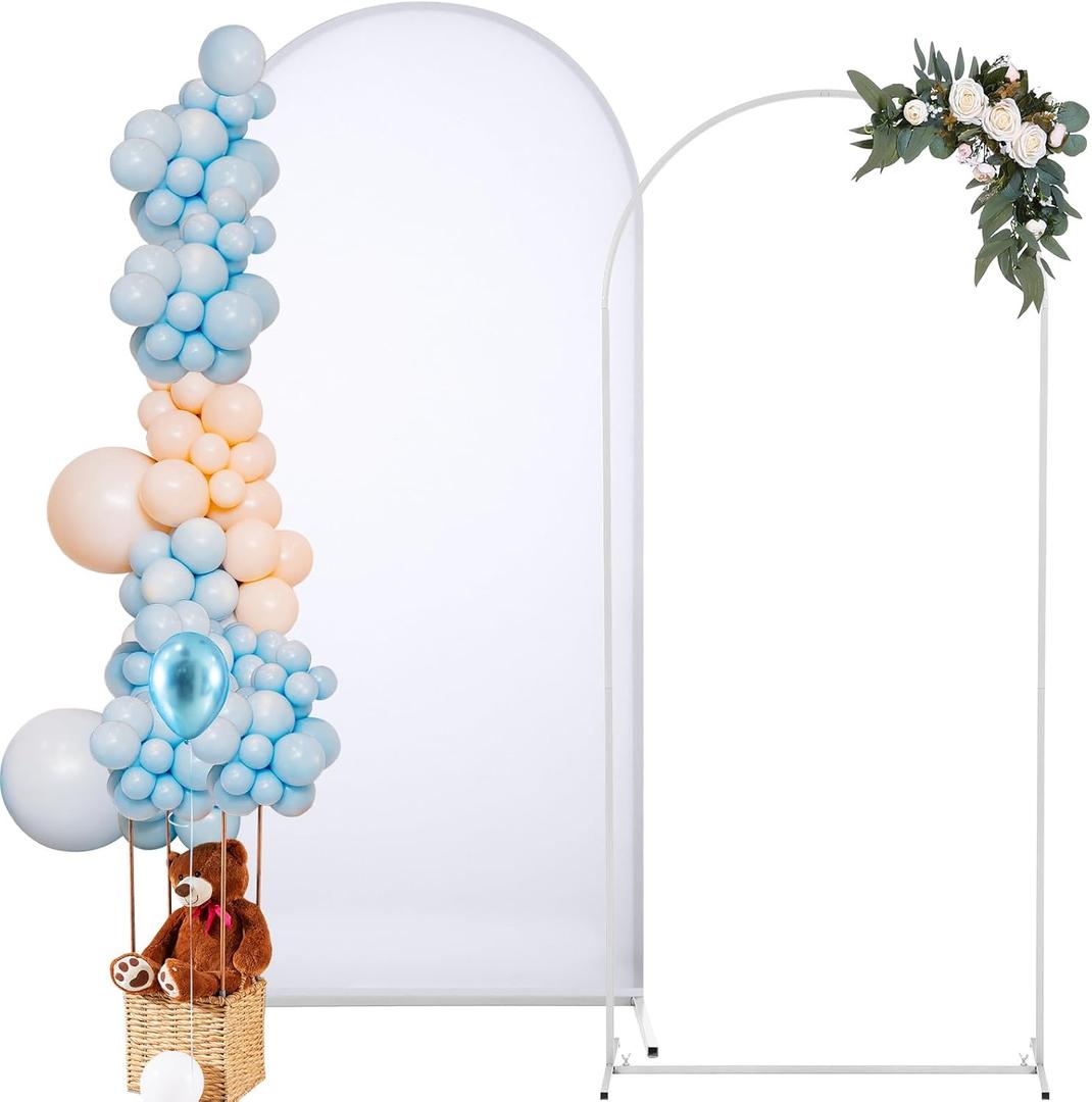 Gisafai 2 Pcs Wedding Arch Frame Stand and Arch Backdrop Cover 6ft/ 6.6ft/ 7.2FT Metal Arch Backdrop Stand with Spandex Arch Cover for Wedding Birthday Party (White Stand, White Cover, 7.2 Ft)
