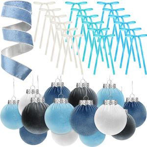Syhood 38 Pcs Christmas Velvet Ornaments Decor Kit 2.36'' 18 Pcs Christmas Tree Ornaments Balls 18 Vintage Velvet Bows 5.5 Yard Ribbon for Xmas Tree Hanging Decorations, Blue
