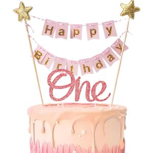 1st Birthday Cake Toppers Pre-strung Happy Birthday Banner Number One Topper First Girl Baby Shower Dessert Decoration Kit, Pink