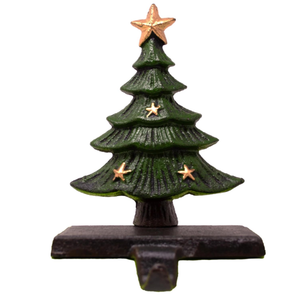 Chalily 3-D Christmas Tree Stocking Holder Cast Iron Hooks for Christmas Socks Hand Painted Green & Gold Easily Rest on a Mantel, Fireplace, or Book Shelf Heavy Duty & Durable Holiday Season Decor