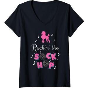 Womens Sock Hop Costume Girls Women Pink Poodle V-Neck T-Shirt, Size XL