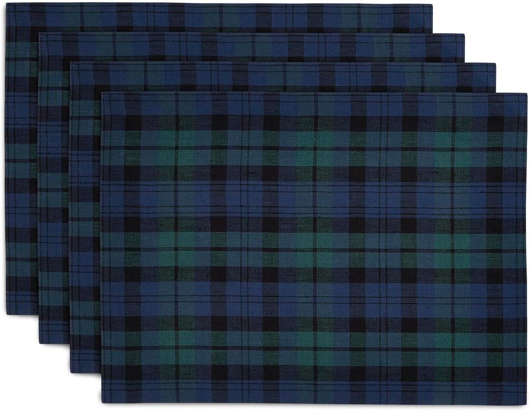 Solino Home Linen Blackwatch Placemats Set of 4-100% Pure Linen Christmas Blue and Green Plaid Placemats 14 x 19 Inch - Handcrafted and Machine Washable