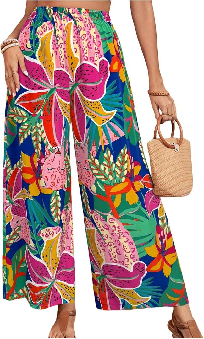 MakeMeChic Women's Plus Size Floral Palazzo Pants Elastic Waist Wide Leg Tropical Print Summer Trousers (3X-Large Plus, Royal Blue)