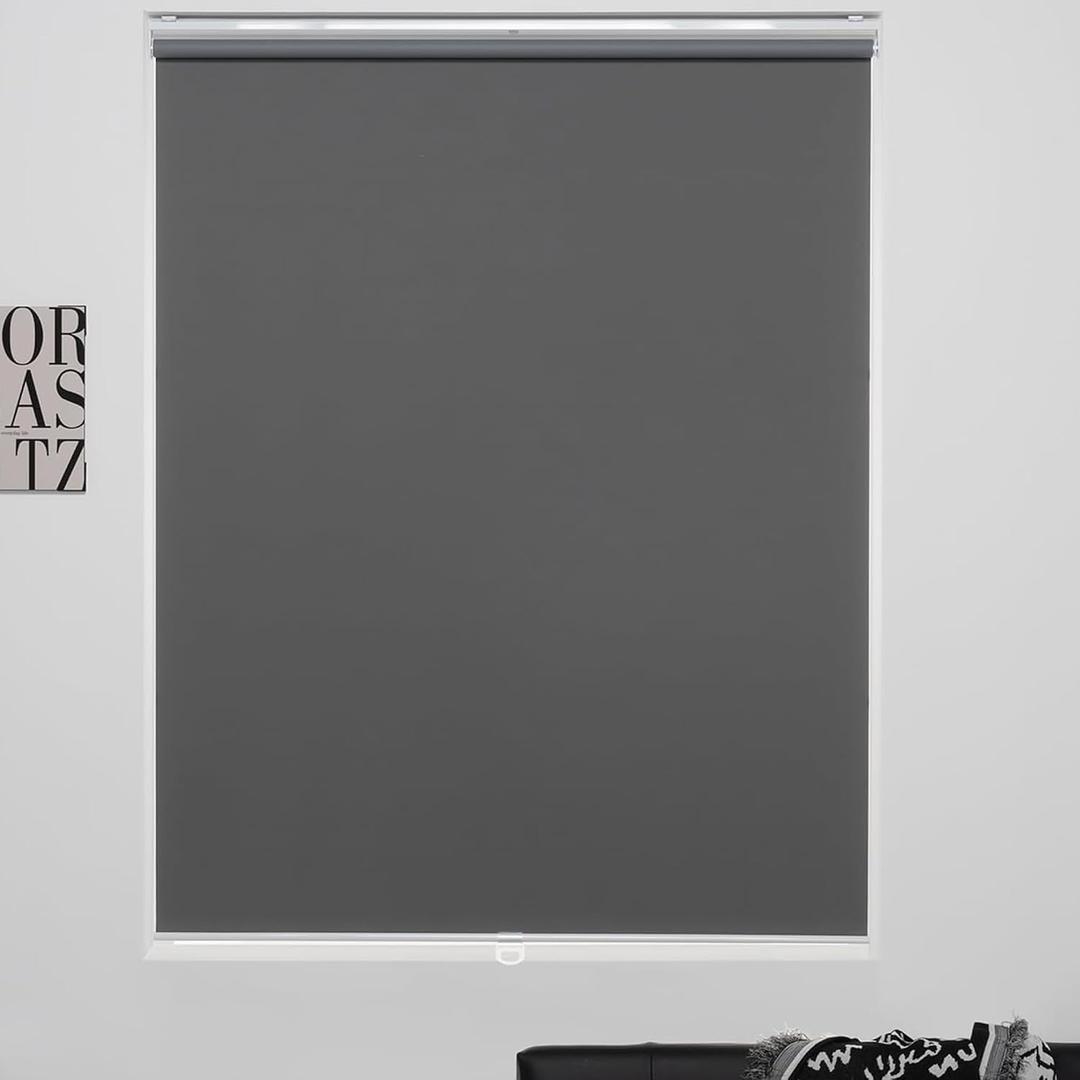 Cordless Roller Shades 100% Blackout Blinds for Windows and Doors, Pull Down Room Darkening Window Shades, Easy to Install for Home and Office, Grey, Fixed 75 Inches High, 42 Inches Width