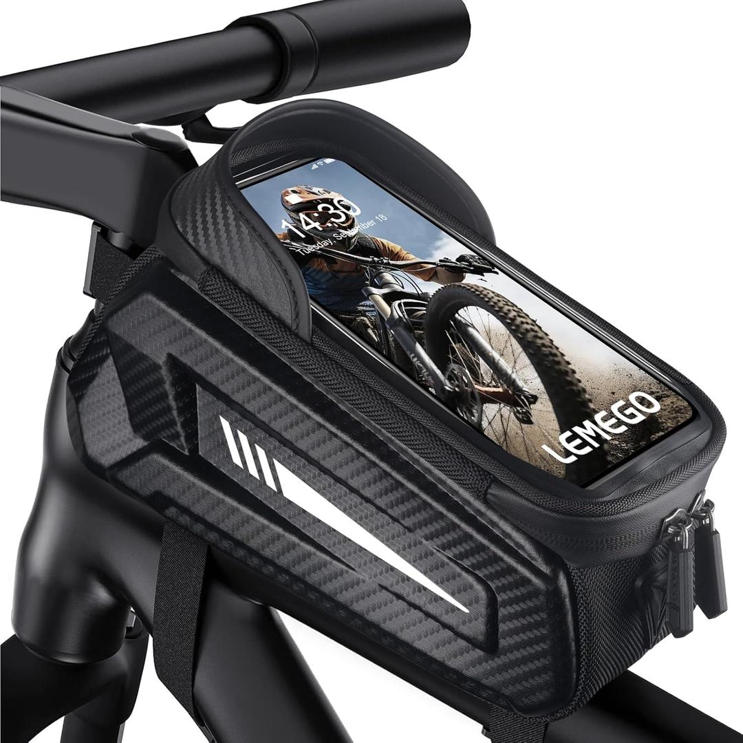 LEMEGO Bike Bag, EVA Waterproof Bike Frame Bag Bike Phone Mount with Rain Cover, Bike Phone Holder Bike Accessories Compatible Phones Under 7”