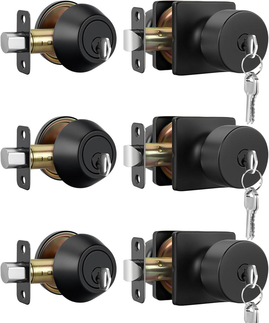 Goldenwarm Matte Black Exterior Door Knob with Lock and Key, Keyed-Different Deadbolt Lock and Door Knob Set 3 Pack Set, Deadbolt Exterior Key-Unique, Matte Black